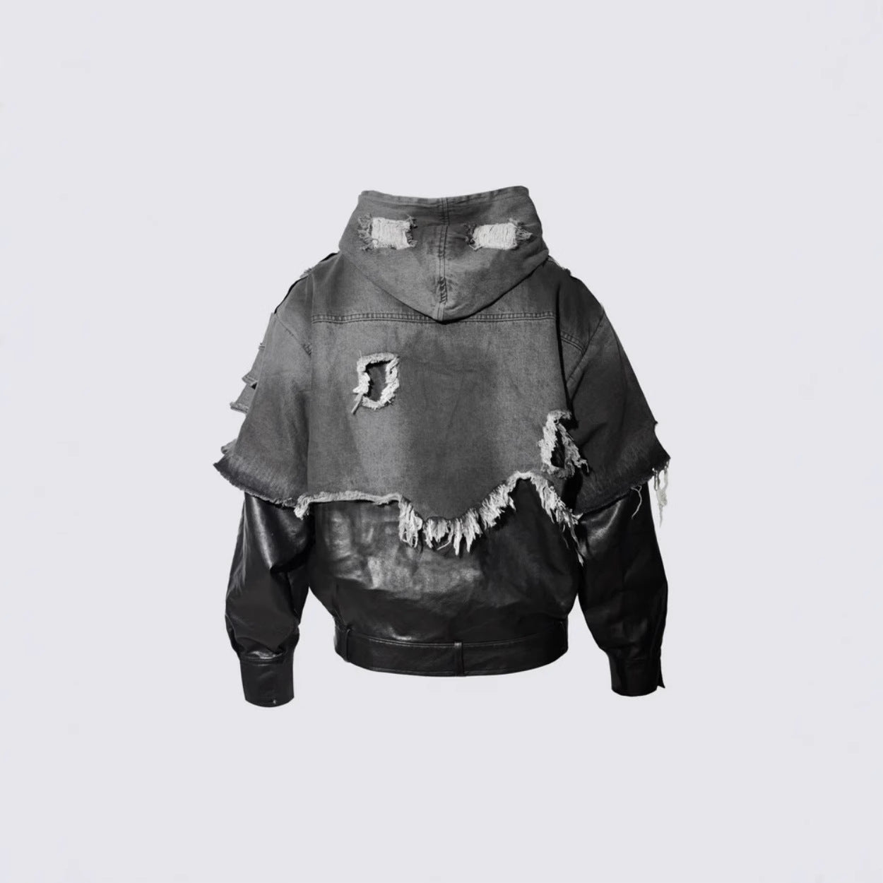 American High Street Vibe Washed Vintage Distressed Frayed Edge Patchwork Color Block Denim Retro Street Punk Hooded Jacket