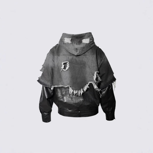 American High Street Vibe Washed Vintage Distressed Frayed Edge Patchwork Color Block Denim Retro Street Punk Hooded Jacket