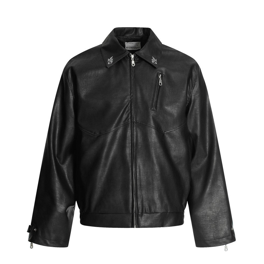 European and American Heavy Embroidery Lapel Loose Short Zipper Leather Jacket Coat