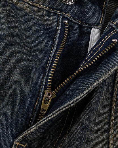 European and American Heavy Washed Multi-Pocket Jeans for Men Street Retro Loose Vintage Design Wide-Leg Floor-Length Pants