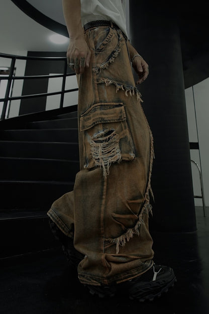 American Retro Original Patchwork Niche Design Jeans Distressed Frayed Edge Star Loose Straight Jeans