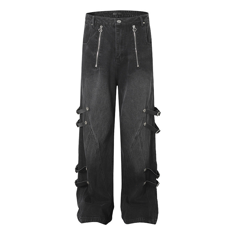 Trendy High Street Loose Retro Straight-Leg Drawstring Cargo Pants Men's Street Style Y2K Zipper Decorated Jeans