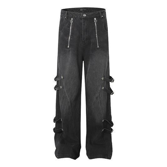 Trendy High Street Loose Retro Straight-Leg Drawstring Cargo Pants Men's Street Style Y2K Zipper Decorated Jeans