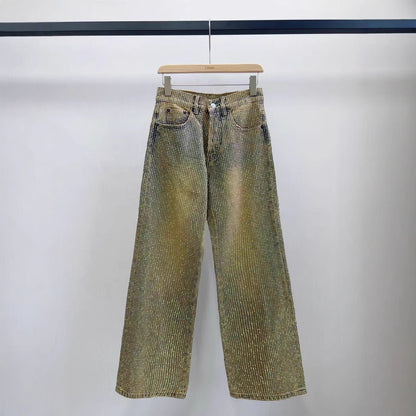 Summer New Crystal Shiny Diamond Straight-Leg Pants Extra Long Denim Floor-Length Pants Shiny Diamond Long Pants New High-Waisted Slimming Style