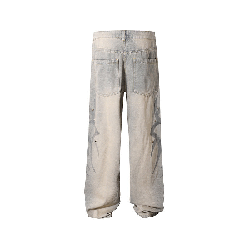 American-style Tie-dye Washed Vintage Loose Cargo Pants for Men Street Hip-Hop Jogger Jeans Trendy Designer Style