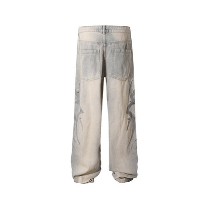 American-style Tie-dye Washed Vintage Loose Cargo Pants for Men Street Hip-Hop Jogger Jeans Trendy Designer Style