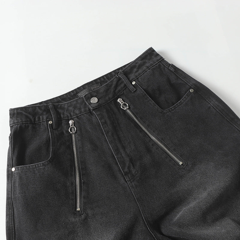 Trendy High Street Loose Retro Straight-Leg Drawstring Cargo Pants Men's Street Style Y2K Zipper Decorated Jeans