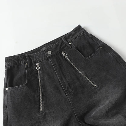 Trendy High Street Loose Retro Straight-Leg Drawstring Cargo Pants Men's Street Style Y2K Zipper Decorated Jeans