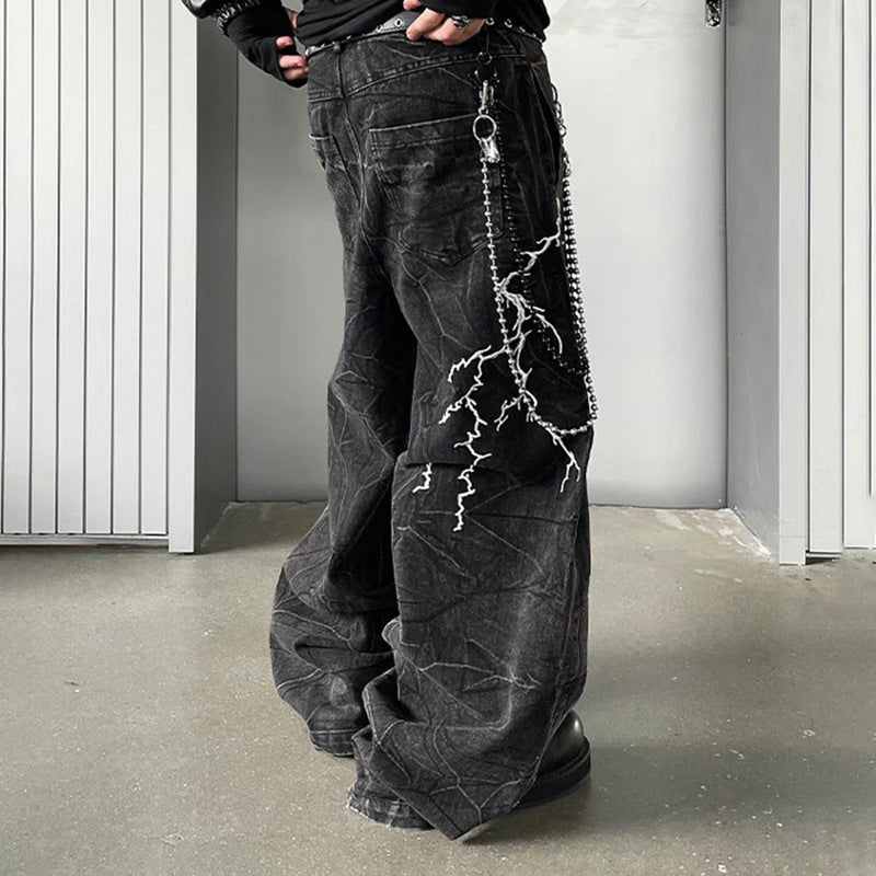 GUOWEAR2024American Style Washed Flared Jeans for Men with Lightning Embroidery Wide-Leg Trousers Trendy Retro Style