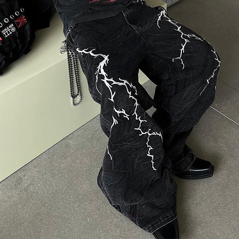 GUOWEAR2024American Style Washed Flared Jeans for Men with Lightning Embroidery Wide-Leg Trousers Trendy Retro Style