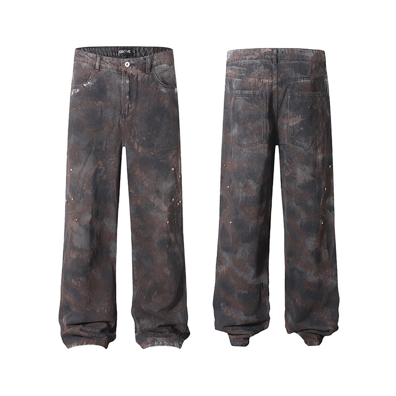 American-style Tie-dye Washed Vintage Loose Cargo Pants for Men Street Hip-Hop Jogger Jeans Trendy Designer Style