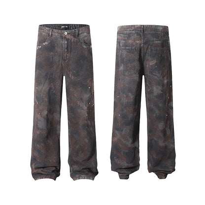 American-style Tie-dye Washed Vintage Loose Cargo Pants for Men Street Hip-Hop Jogger Jeans Trendy Designer Style