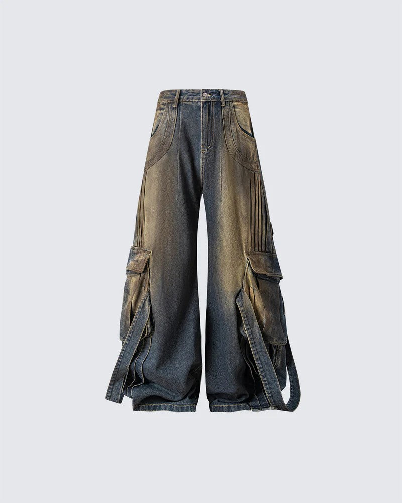 European and American Heavy Washed Multi-Pocket Jeans for Men Street Retro Loose Vintage Design Wide-Leg Floor-Length Pants