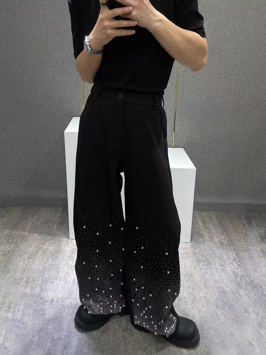 Heavy Industry Niche Rhinestone Metal Black Short Sleeve Jacket Summer New Style Cool Coat Wide Leg Pants Two-Piece Set
