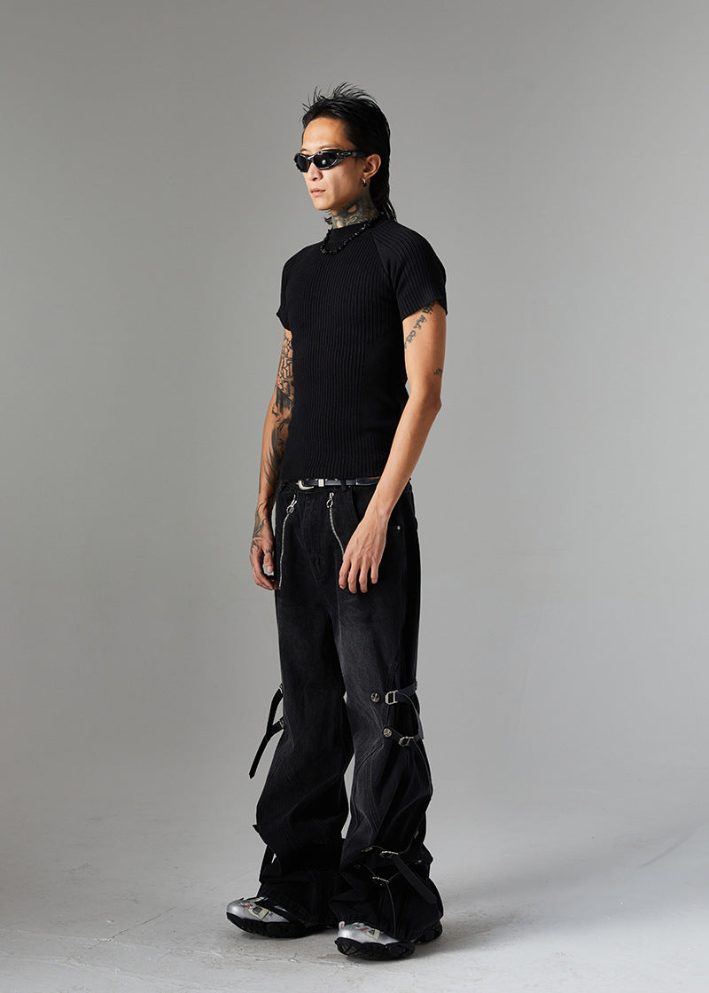 Trendy High Street Loose Retro Straight-Leg Drawstring Cargo Pants Men's Street Style Y2K Zipper Decorated Jeans