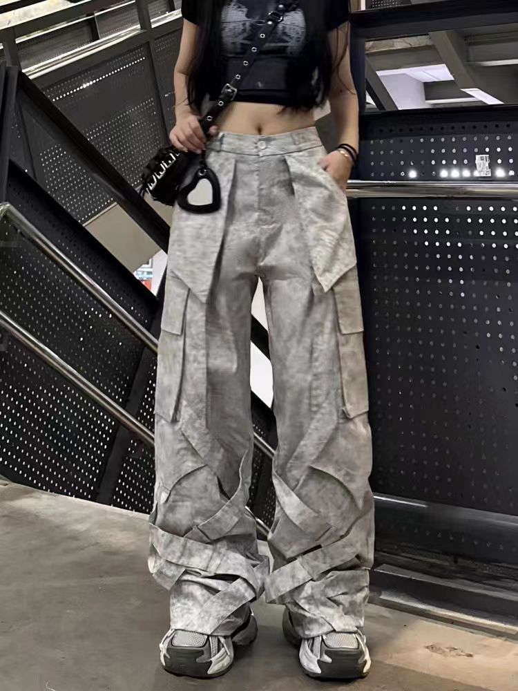 Cross-Border American Style Dirty Gray Street Dance Wide-Leg Cargo Pants Unisex Straight-Leg Casual Pants Ribbon Hip-Hop High Street Floor-Length Pants