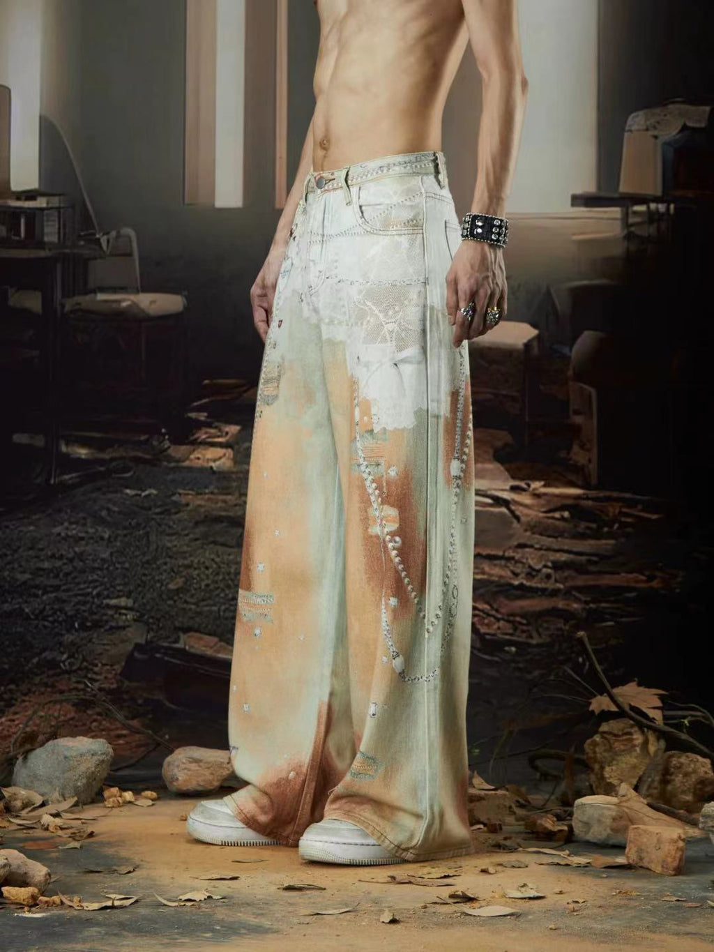 Cross-Border Heavy Industry Chain Print Jeans for Men and Women Summer American Style Straight-Leg Floor-Length Pants