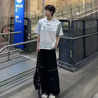 Unique Design Crocodile Pattern Leather Mesh Patchwork Short Sleeve High-end Metal Wide Shoulder Pads T Shirt