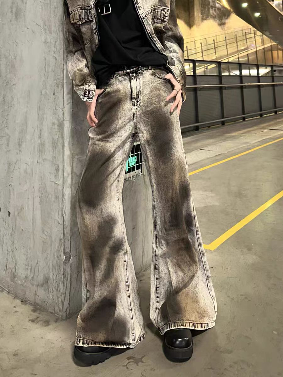 American High Street Retro Distressed Wasteland Style Washed Wrinkled Flared Jeans for Men European and American Wide-Leg Pants Trendy Long Pants