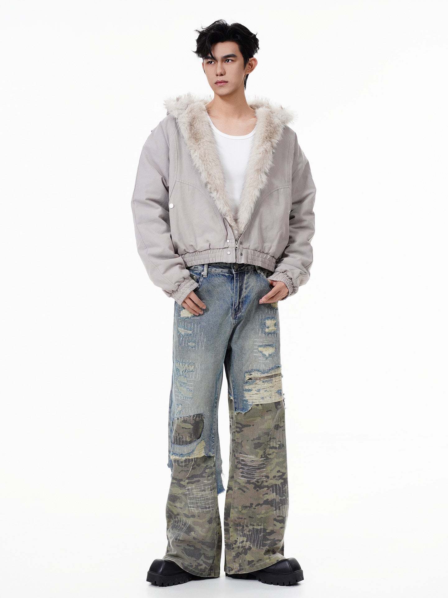 GUOWEAR Pearl Canvas Mountain Eagle Fleece-Lined Jacket American Street Wasteland Style Cotton Coat Men's Fleece-Lined Thickened Jacket