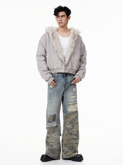 GUOWEAR Pearl Canvas Mountain Eagle Fleece-Lined Jacket American Street Wasteland Style Cotton Coat Men's Fleece-Lined Thickened Jacket