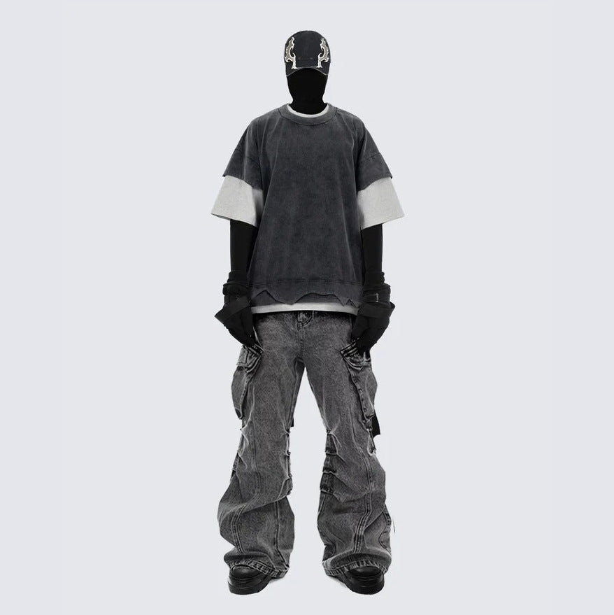 GUOWEAR American Retro Washed Vintage Design Pocket Cargo Stacked Wide-Leg Straight Jeans