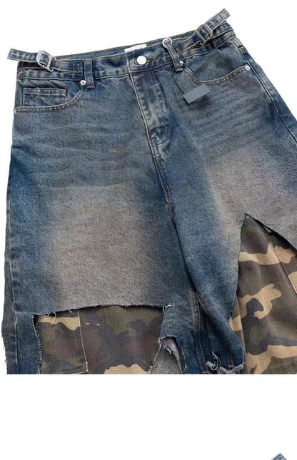 Parisian style vibe Heavyweight Patchwork Fake Two-Piece Vintage Camouflage Functional Loose Cargo Trendy Hip-Hop Jeans