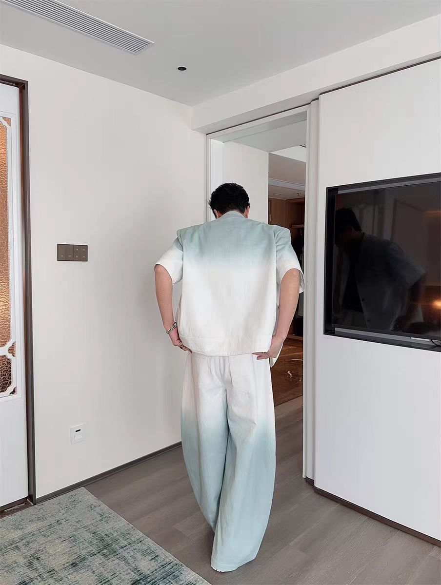 Gradient Short Sleeve Denim Suit for Men2025Summer Loose Casual Scimitar Wide-Leg Pants Jacket Set