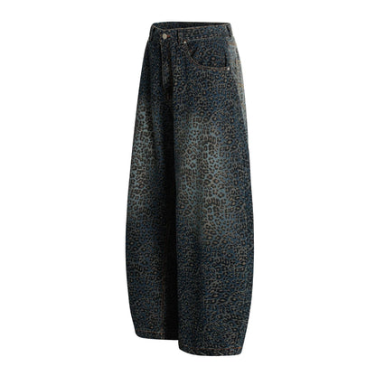 Fashion Brand2025Autumn New European and American High Street Leopard Print Scimitar Jeans RO Trendy Wide-Leg Pants