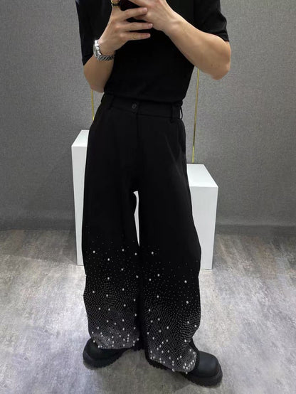 Heavy Industry Niche Rhinestone Metal Black Short Sleeve Jacket Summer New Style Cool Coat Wide Leg Pants Two-Piece Set