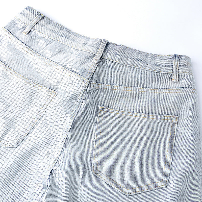 Original Early Autumn New American Retro Street Style High Waist Slimming Rhinestone Gradient Design Loose Wide Leg Jeans