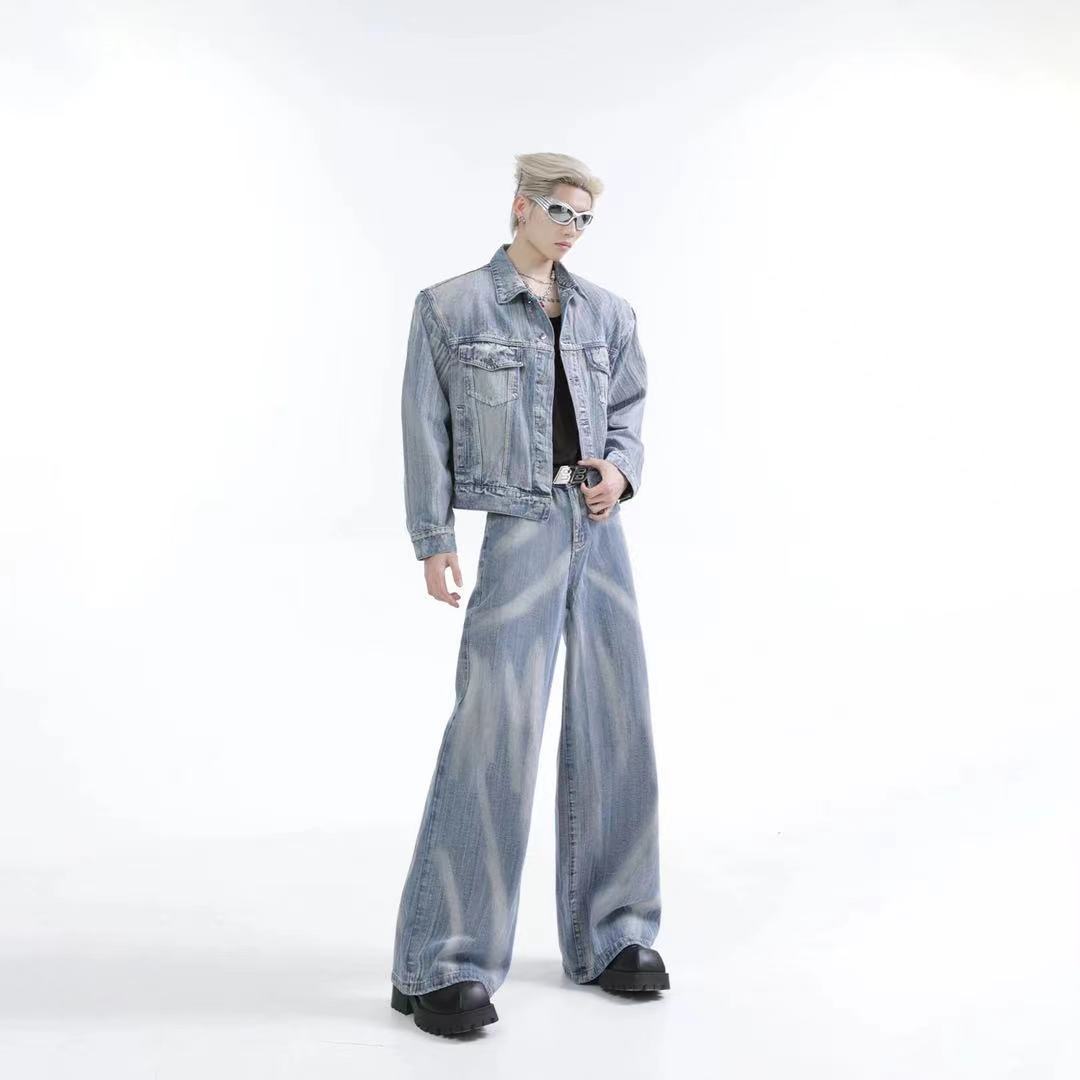 Spring and Autumn Med Vintage Scratched Denim Jacket for Men, Casual Loose Straight-Leg Pants