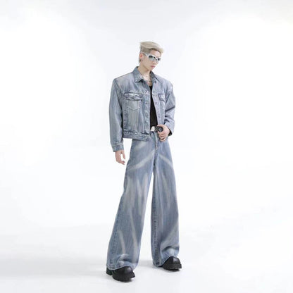 Spring and Autumn Med Vintage Scratched Denim Jacket for Men, Casual Loose Straight-Leg Pants