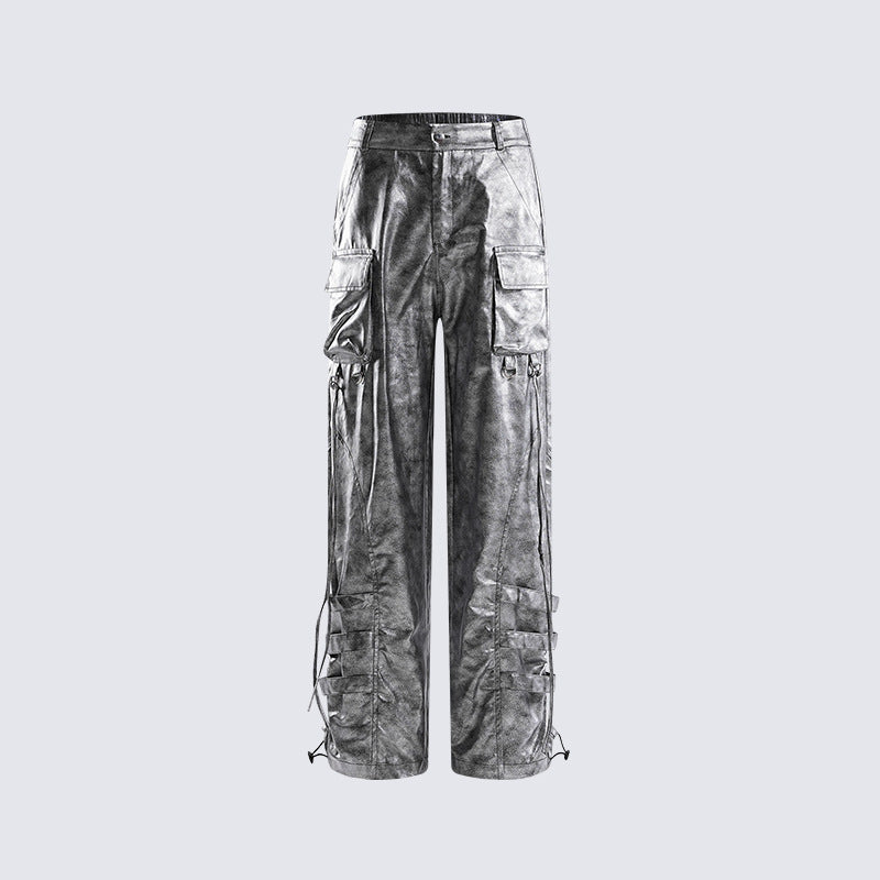 Personality Trend Retro silver Men's High Street Loose Metal Texture Straight Long Pants Workwear Durable Urban Fashion