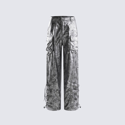 Personality Trend Retro silver Men's High Street Loose Metal Texture Straight Long Pants Workwear Durable Urban Fashion