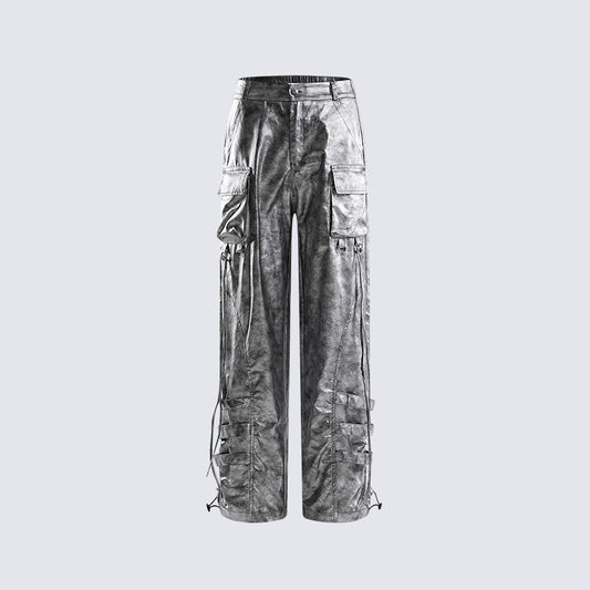 Personality Trend Retro silver Men's High Street Loose Metal Texture Straight Long Pants Workwear Durable Urban Fashion