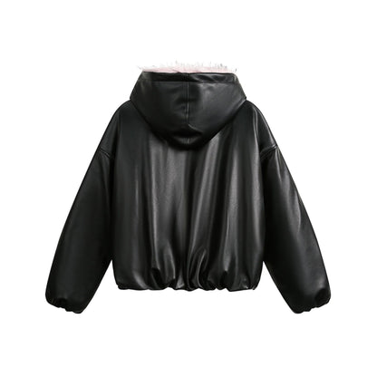 National Trend American Retro PU Padded Cotton Thickened Fur Collar Hooded Cotton Jacket Men's Winter Loose Versatile Cotton Coat