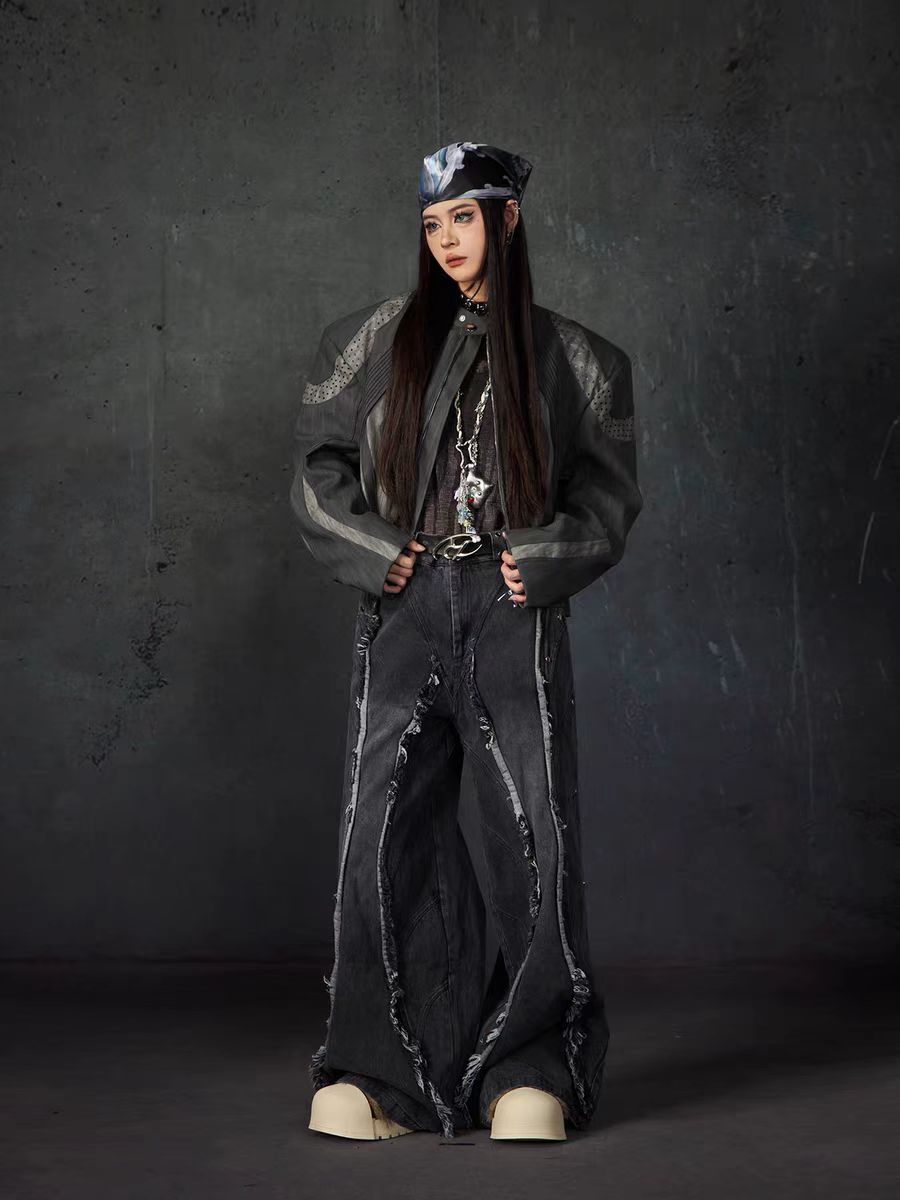 European and American High Street Heavy Craft Personality Deconstructed Split Spliced Design Motorcycle Leather Jacket Stand Collar Windproof Coat
