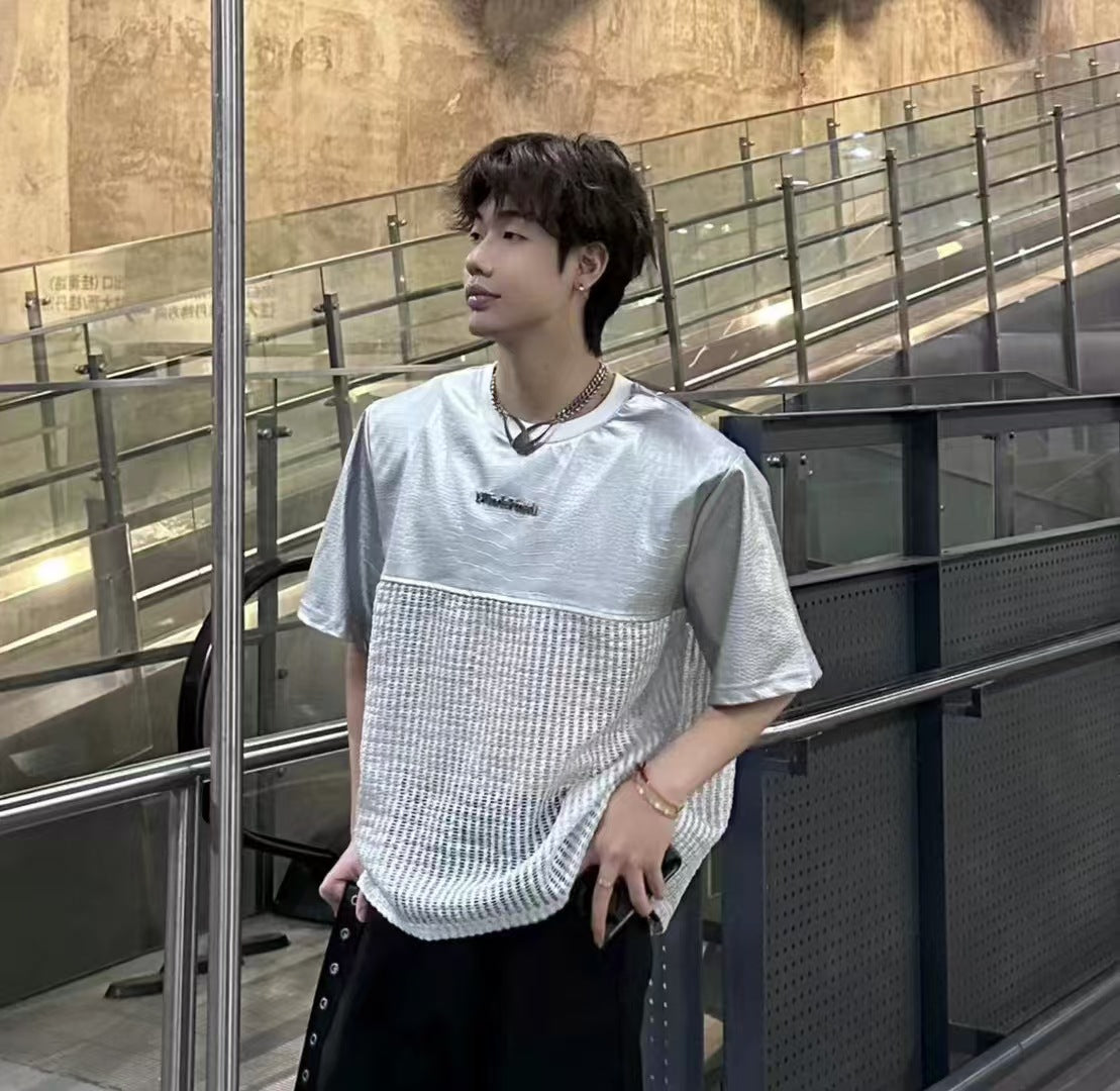 Unique Design Crocodile Pattern Leather Mesh Patchwork Short Sleeve High-end Metal Wide Shoulder Pads T Shirt