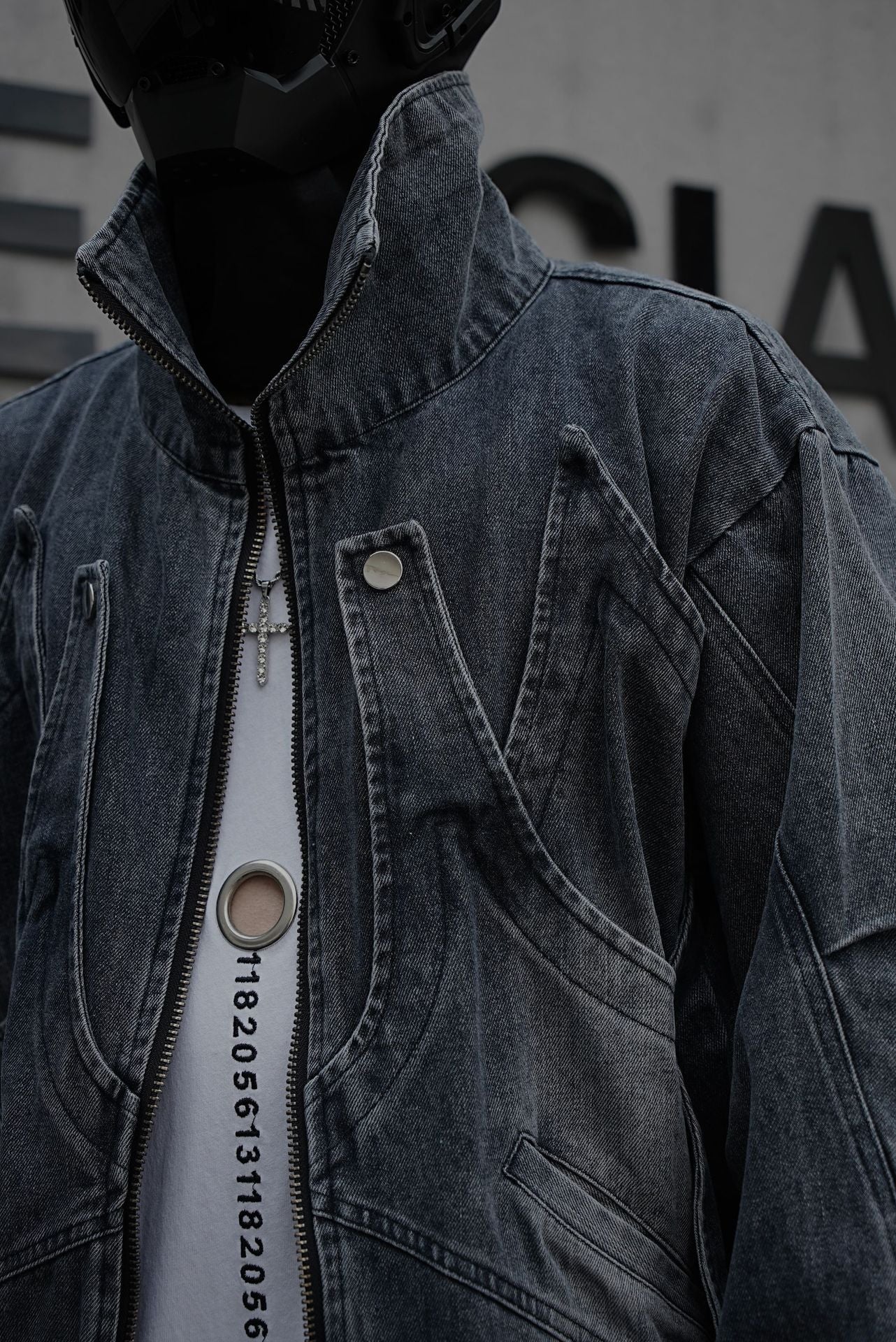 American Retro Niche Stand Collar Ink Splash Zipper Jacket Men High Street Deconstructed Design Loose Cool Denim Jacket