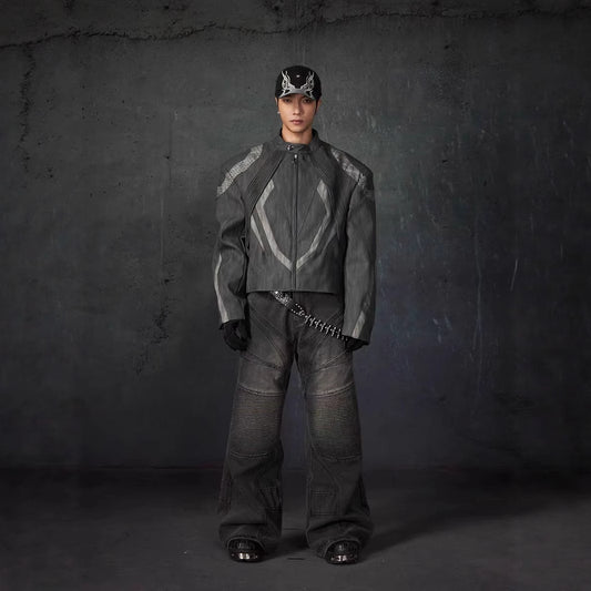 European and American High Street Heavy Craft Personality Deconstructed Split Spliced Design Motorcycle Leather Jacket Stand Collar Windproof Coat