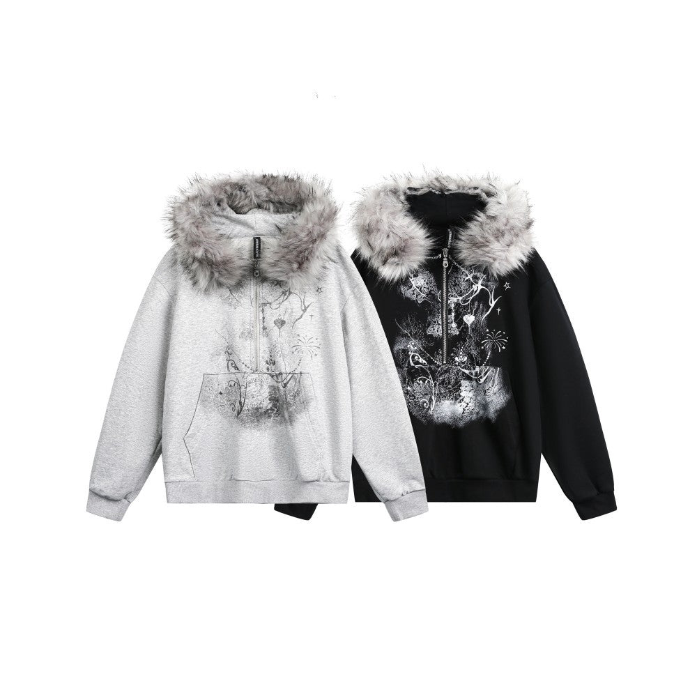 European and American Style Autumn Winter Fleece Hat Sweatshirt Hip Hop Printed Pattern Pullover Hoodie Street Fashion y2k Coat