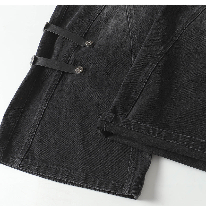 Trendy High Street Loose Retro Straight-Leg Drawstring Cargo Pants Men's Street Style Y2K Zipper Decorated Jeans