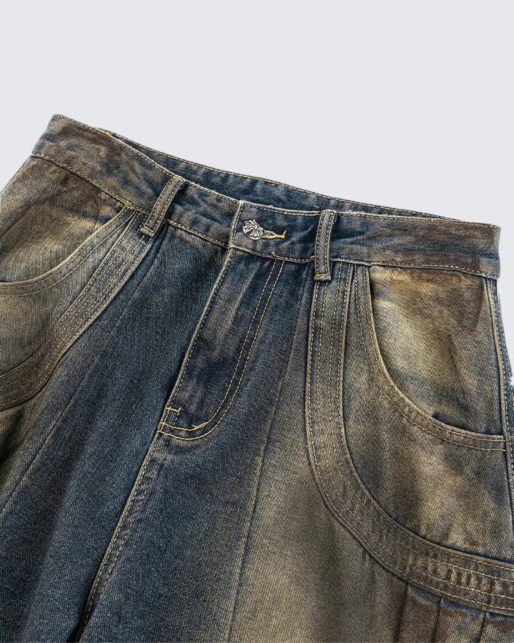 European and American Heavy Washed Multi-Pocket Jeans for Men Street Retro Loose Vintage Design Wide-Leg Floor-Length Pants