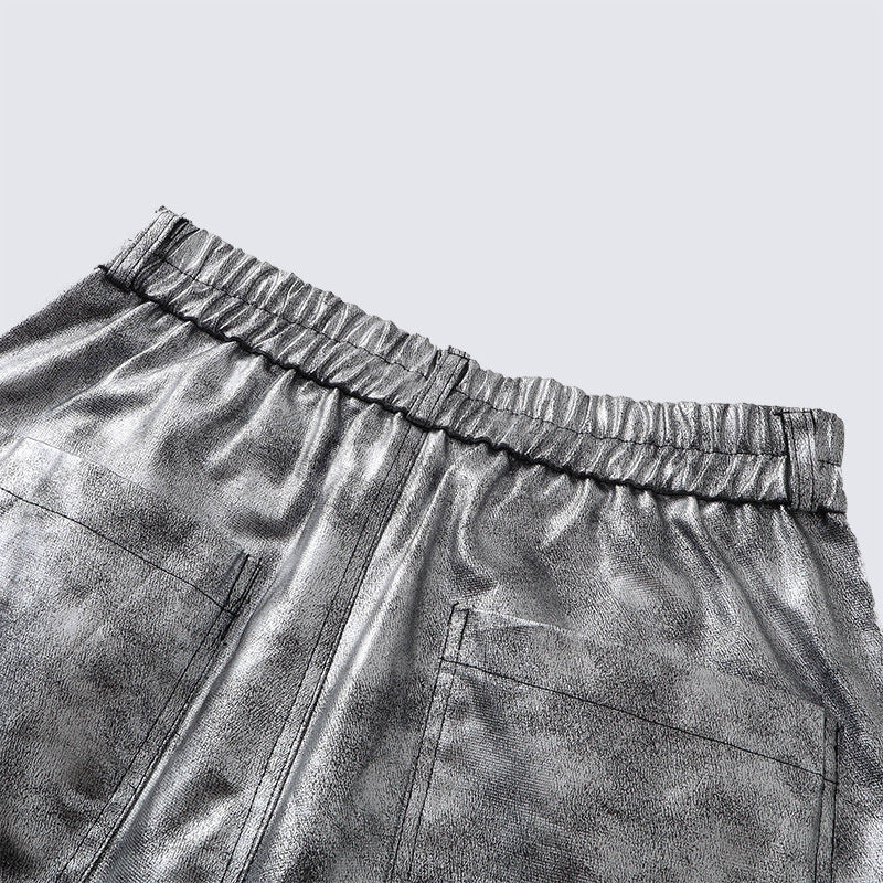 Personality Trend Retro silver Men's High Street Loose Metal Texture Straight Long Pants Workwear Durable Urban Fashion