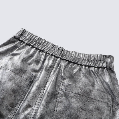 Personality Trend Retro silver Men's High Street Loose Metal Texture Straight Long Pants Workwear Durable Urban Fashion