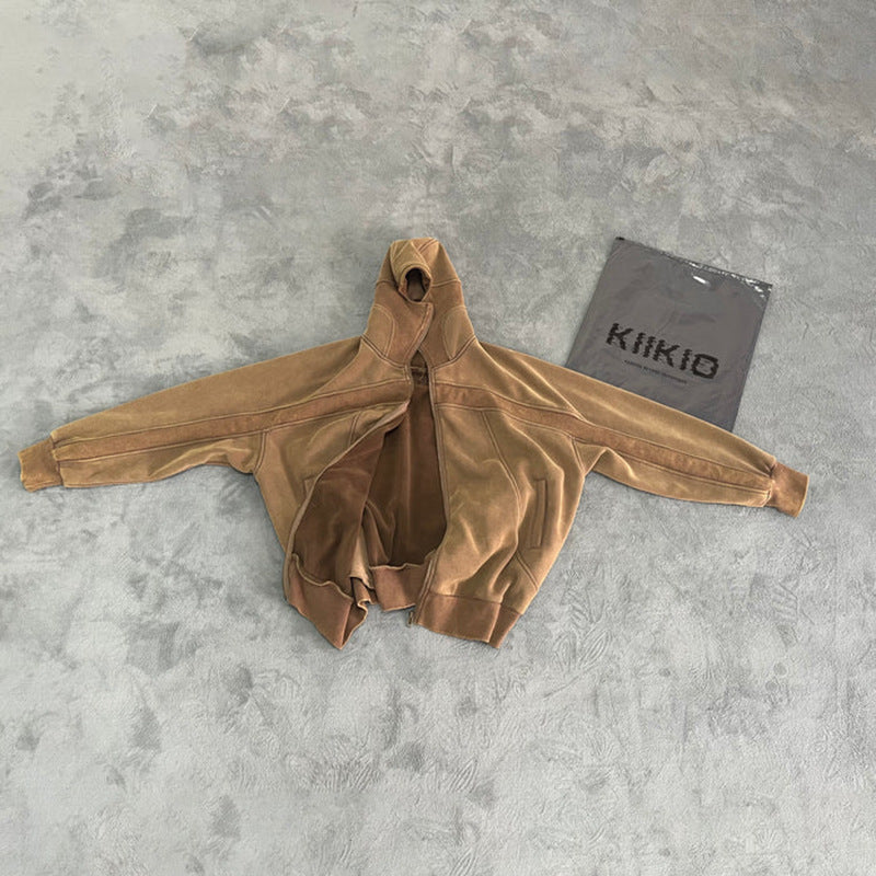 Autumn Winter New American Style Vintage Personality Street Washed Heavy-duty Sweatshirt Fashion Trendy Brand Round Neck Long Sleeve Cardigan Outerwear