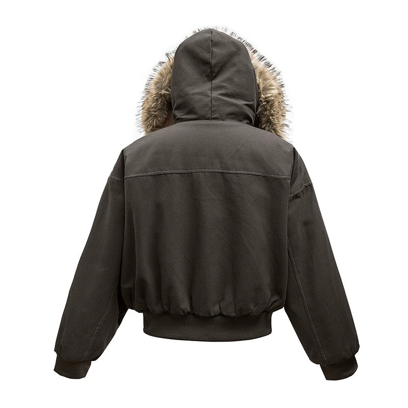 American Retro Autumn Winter Trendy Metal Buckle Design Men's Thickened Warm Hooded Cotton Jacket Long Sleeve