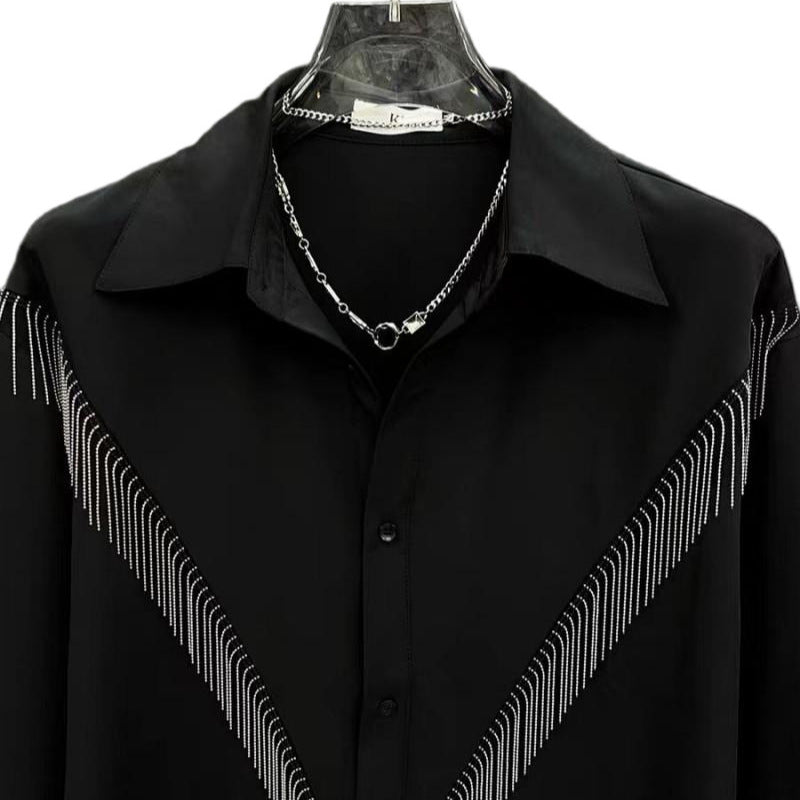 High-end Stylish Design Black Long Sleeve Shirt for Men Spring Summer New Korean Version Casual Patchwork Tassel Shirt