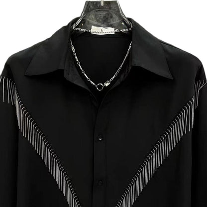 High-end Stylish Design Black Long Sleeve Shirt for Men Spring Summer New Korean Version Casual Patchwork Tassel Shirt